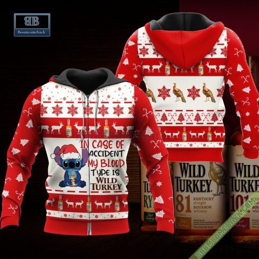 Stitch In Case Of Accident My Blood Type Is Wild Turkey Ugly Christmas Sweater Hoodie Zip Hoodie Bomber Jacket